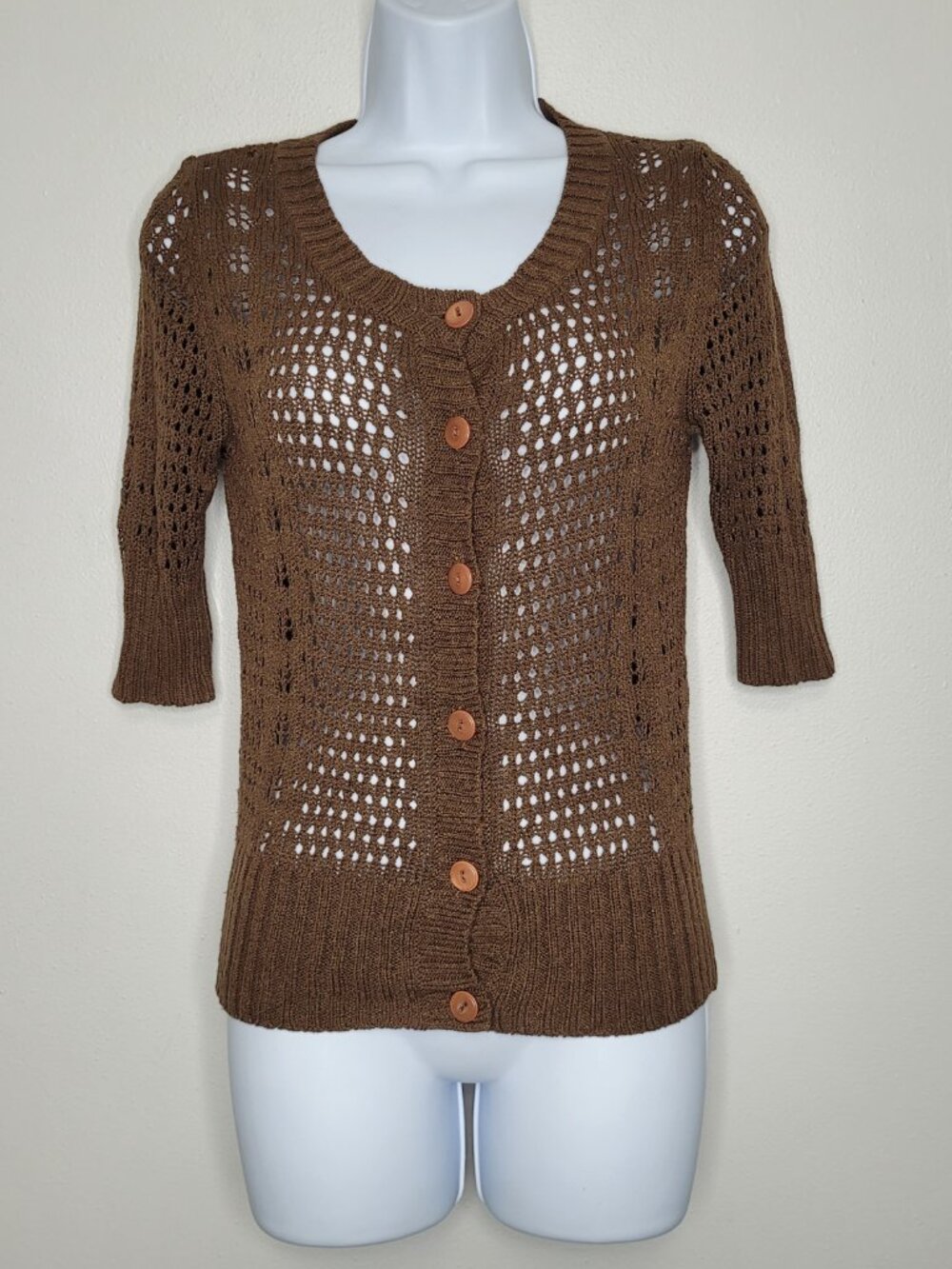Susina brown button front open knit 3/4 sleeve rustic preppy cardigan size M